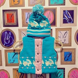 Adorable Vintage 80s Baby Reversible Vest & Matching Hat Set, Teal & Pink